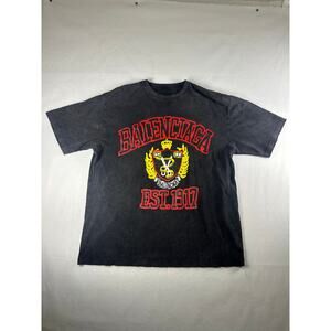 Balenciaga Unisex Crest Logo T-Shirt Washed Black EST 1917 Vintage Style